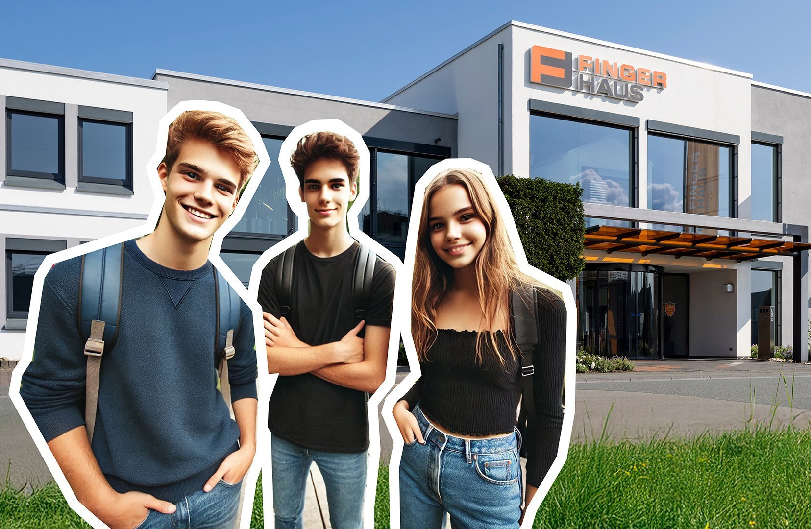 Junge Menschen mit Rucksäcken stehen vor dem FingerHaus-Unternehmensgebäude und symbolisieren den Einstieg in Praktikum oder Berufsausbildung.