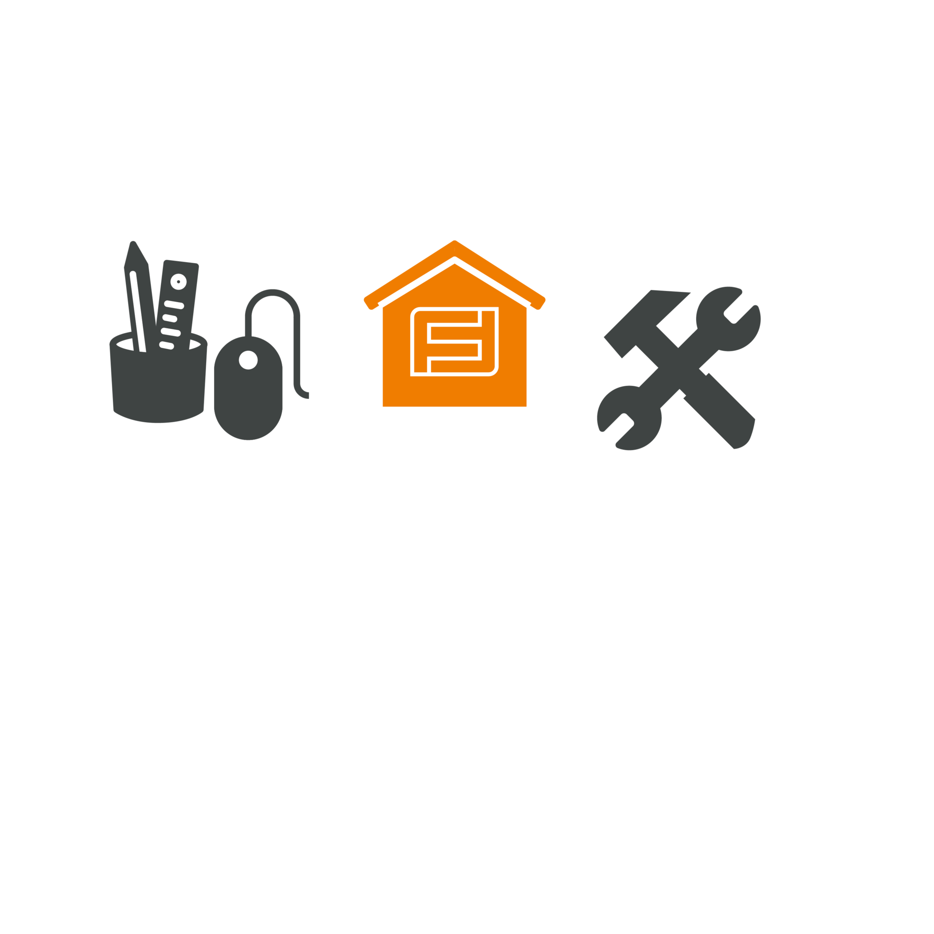 Grafik mit Symbolen für Büroarbeitsplatz, FingerHaus und Werkzeuge.